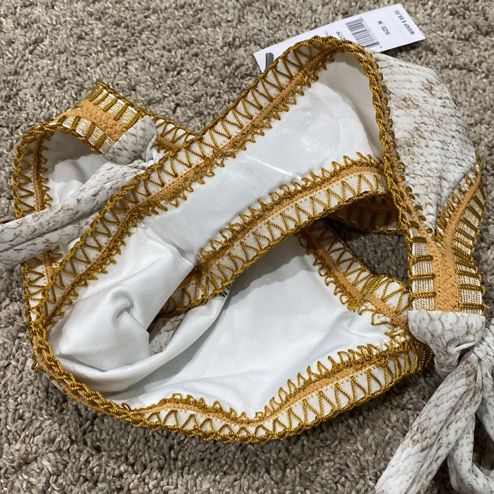 White & Gold Crochet-Trim Bikini Set - Women Swim